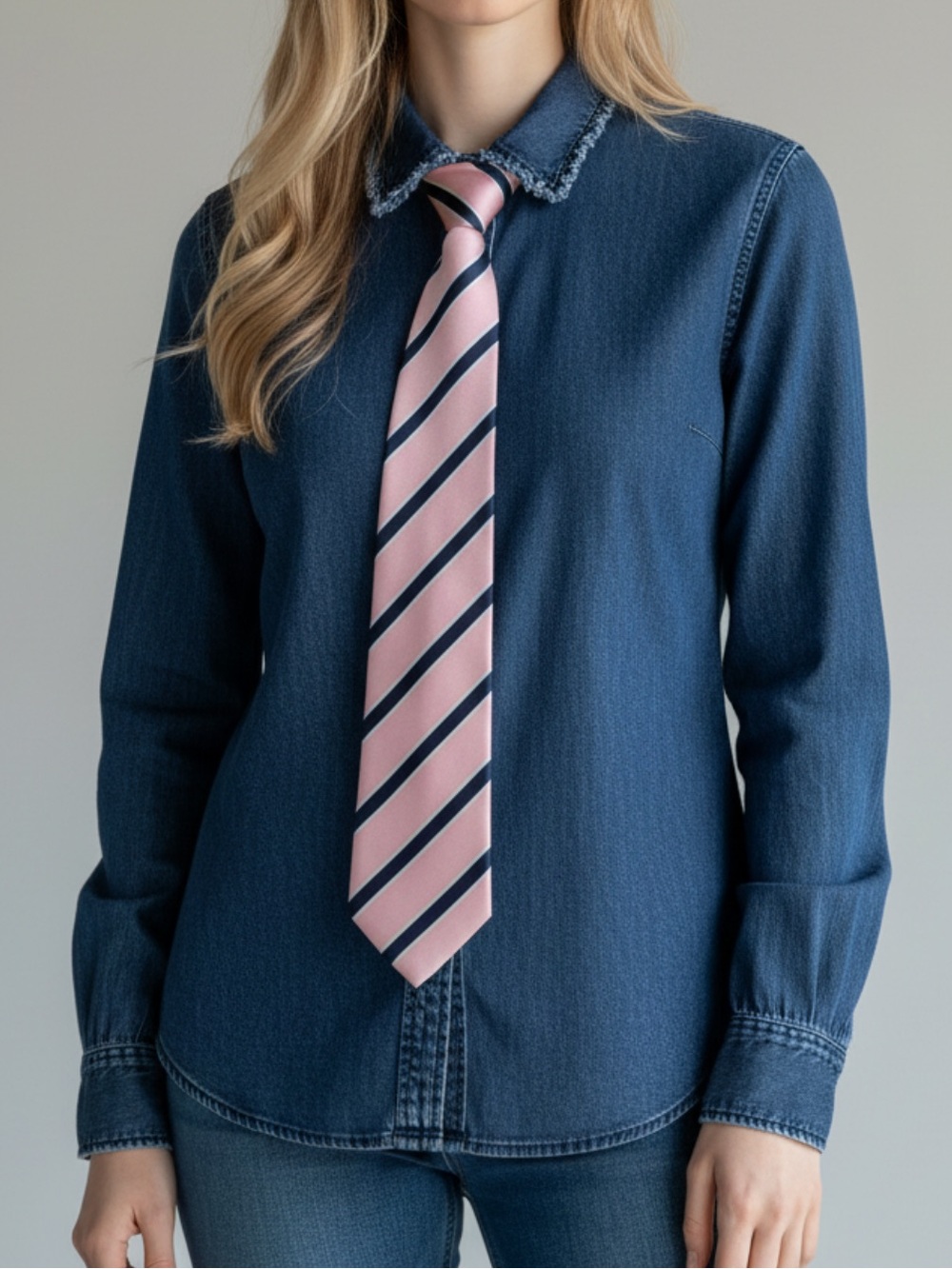 Women’s blue jean shirt with Pink 👚Striped Tie